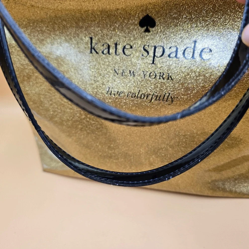 Kate Spade Live Colorfully Gold Glitter Tote Bag Black Patent Handles Large